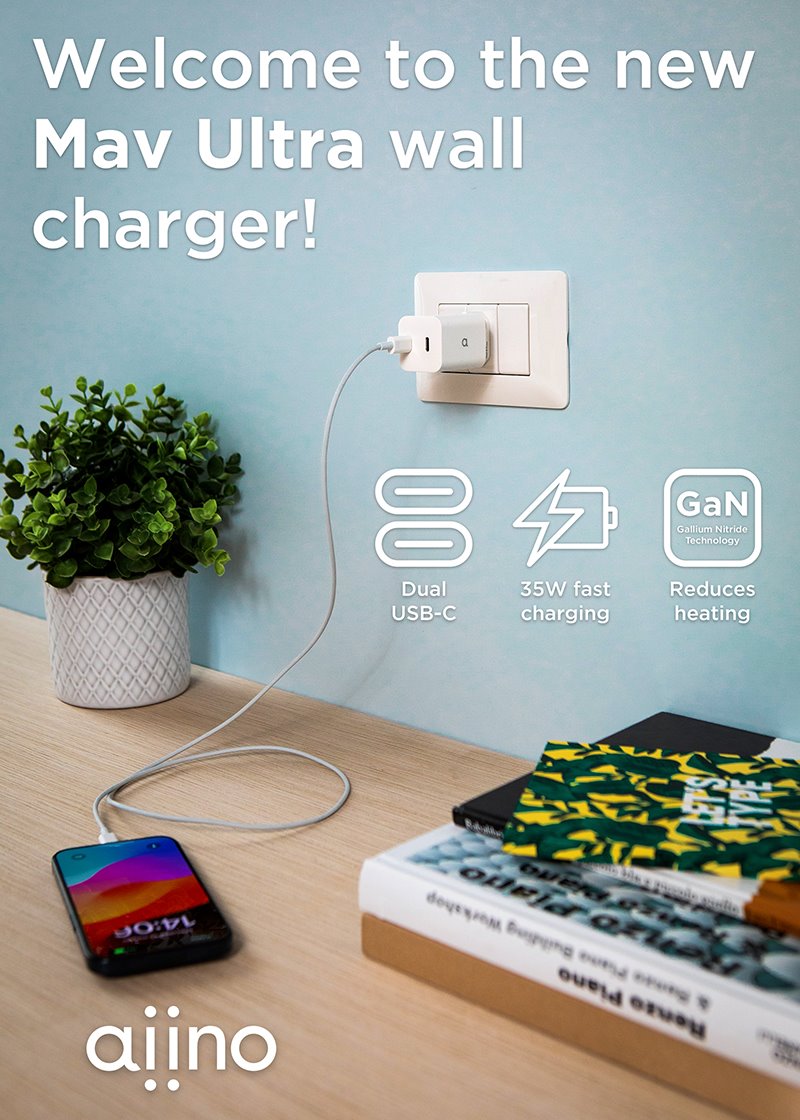 Aiino Mav Ultra 35W GaN wall charger with two USB-C ports 