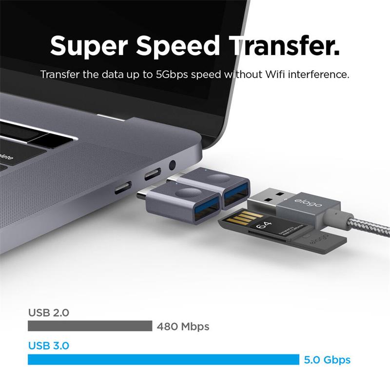 ELAGO Mini USB-C to USB 3.0 Aluminium Adapter with LED - Silver 