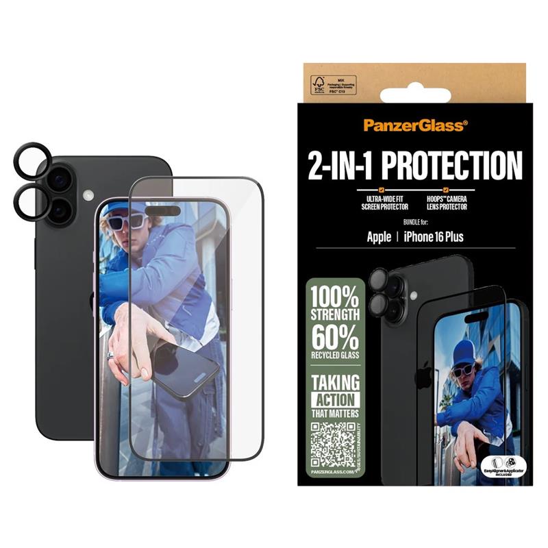 PanzerGlass ochranné sklo UWF + Hoops Bundle pre iPhone 16 Plus - Black Frame 