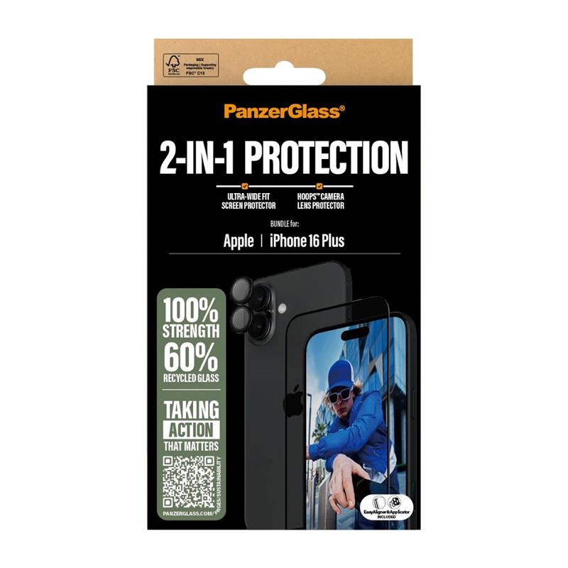 PanzerGlass ochranné sklo UWF + Hoops Bundle pre iPhone 16 Plus - Black Frame 