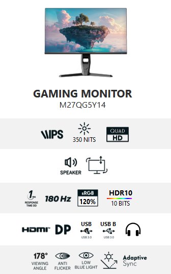 Thomson M27QG5Y14 - 27" QHD, IPS, 180Hz, 1ms, 350cd, 1000:1, HDMI, DP, USB, 3Yr 