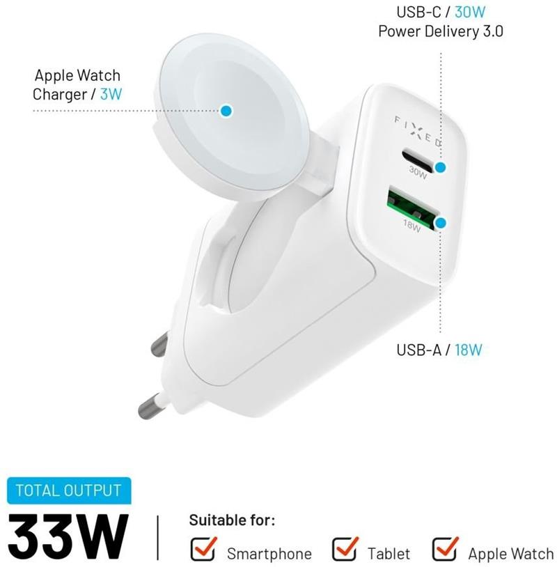 FIXED Power Socket s USB-A a USB-C vstupom a nabijackou pre Apple Watch, 33W, biela 