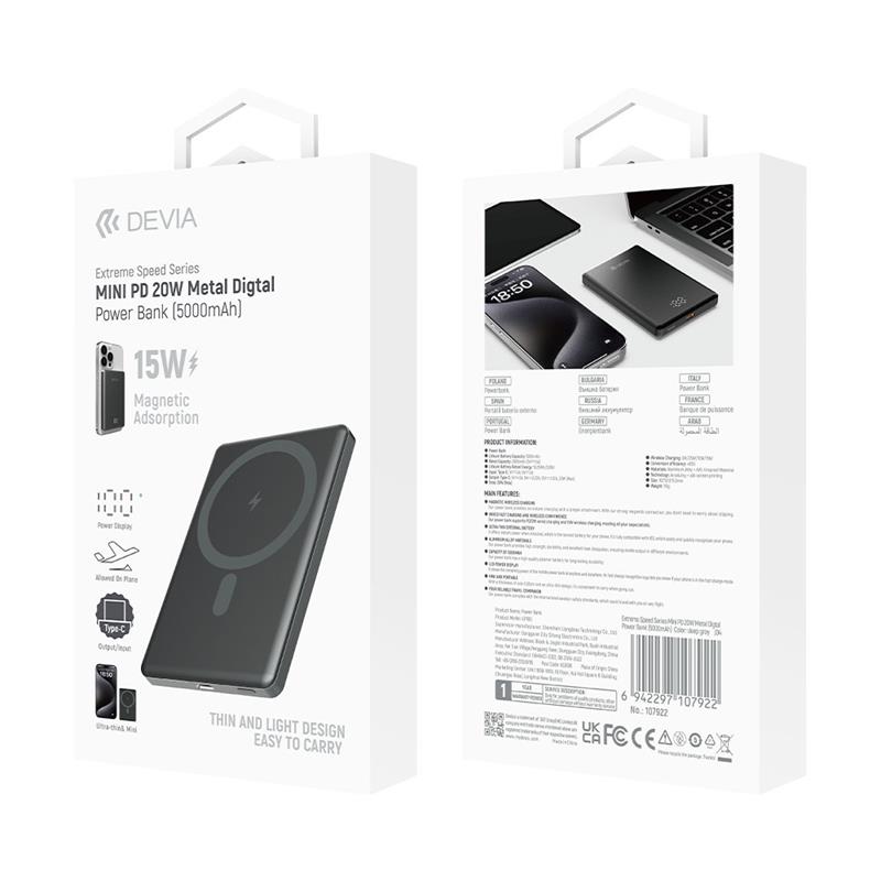 Devia powerbank Extreme Speed Series Mini Magnetic 5.000 mAh PD 20W - Space Gray 