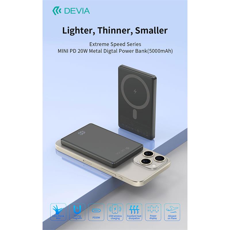 Devia powerbank Extreme Speed Series Mini Magnetic 5.000 mAh PD 20W - Space Gray 