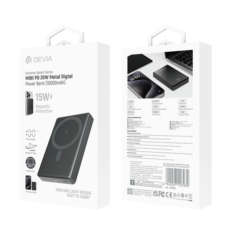 Devia powerbank Extreme Speed Series Mini Magnetic 10.000 mAh PD 20W - Space Gray 