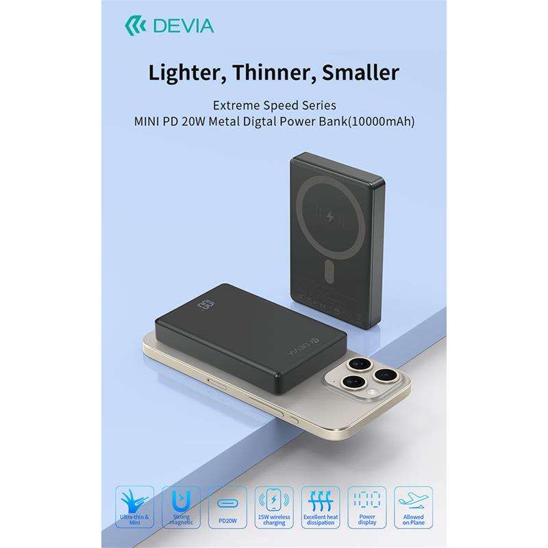 Devia powerbank Extreme Speed Series Mini Magnetic 10.000 mAh PD 20W - Space Gray 