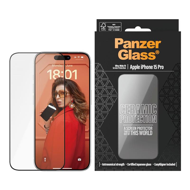 PanzerGlass ochranné sklo UWF Ceramic Protection pre iPhone 15 Pro - Black Frame 