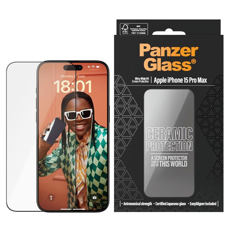 PanzerGlass ochranné sklo UWF Ceramic Protection pre iPhone 15 Pro Max - Black Frame 