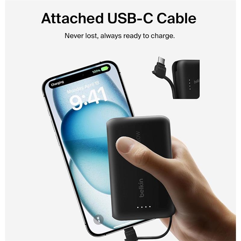 Belkin BoostCharge PowerBank 10K with Integrated USB-C Cable 20W - Black 