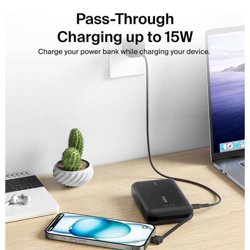 Belkin BoostCharge PowerBank 10K with Integrated USB-C Cable 20W - Black 
