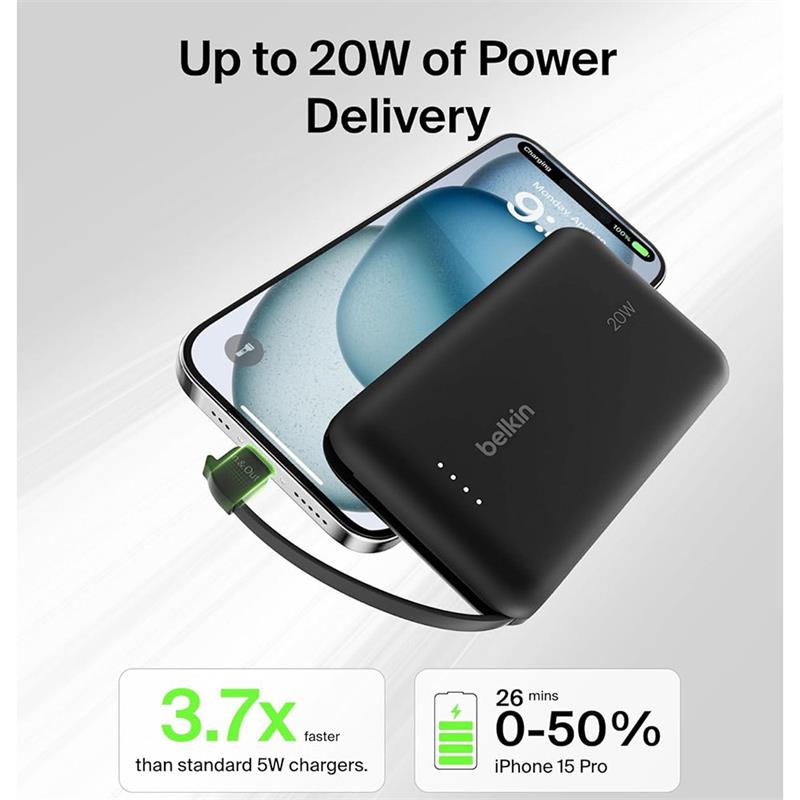 Belkin BoostCharge PowerBank 10K with Integrated USB-C Cable 20W - Black 