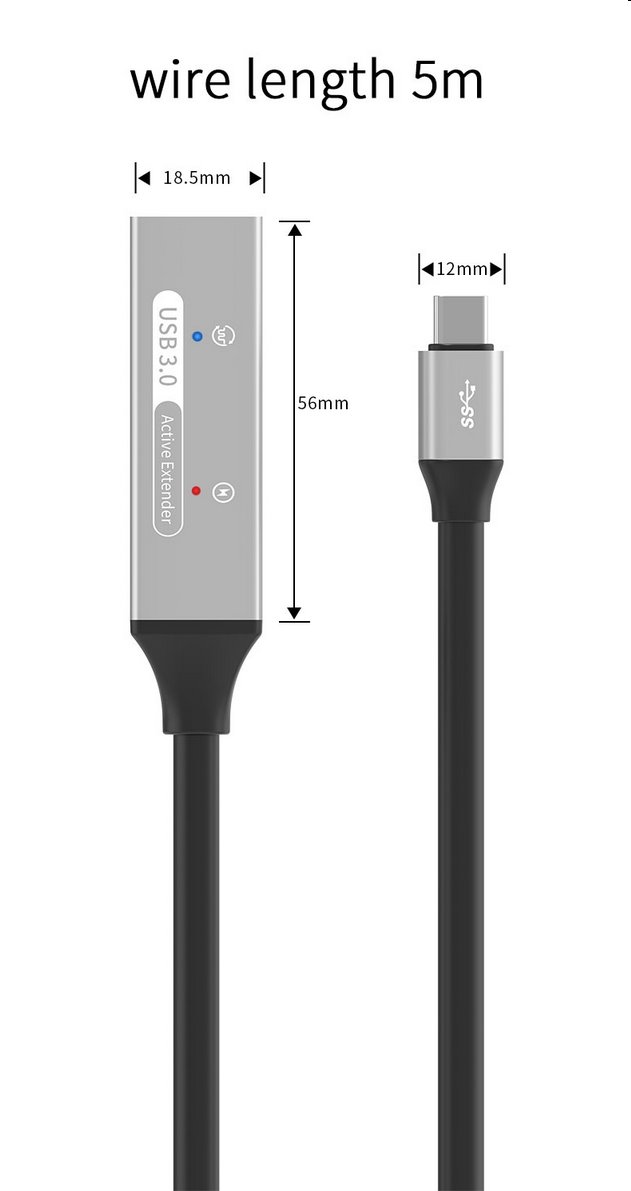 PremiumCord USB-C repeater a predlžovací kábel Male-Female, 5Gbps Aluminium 5m 