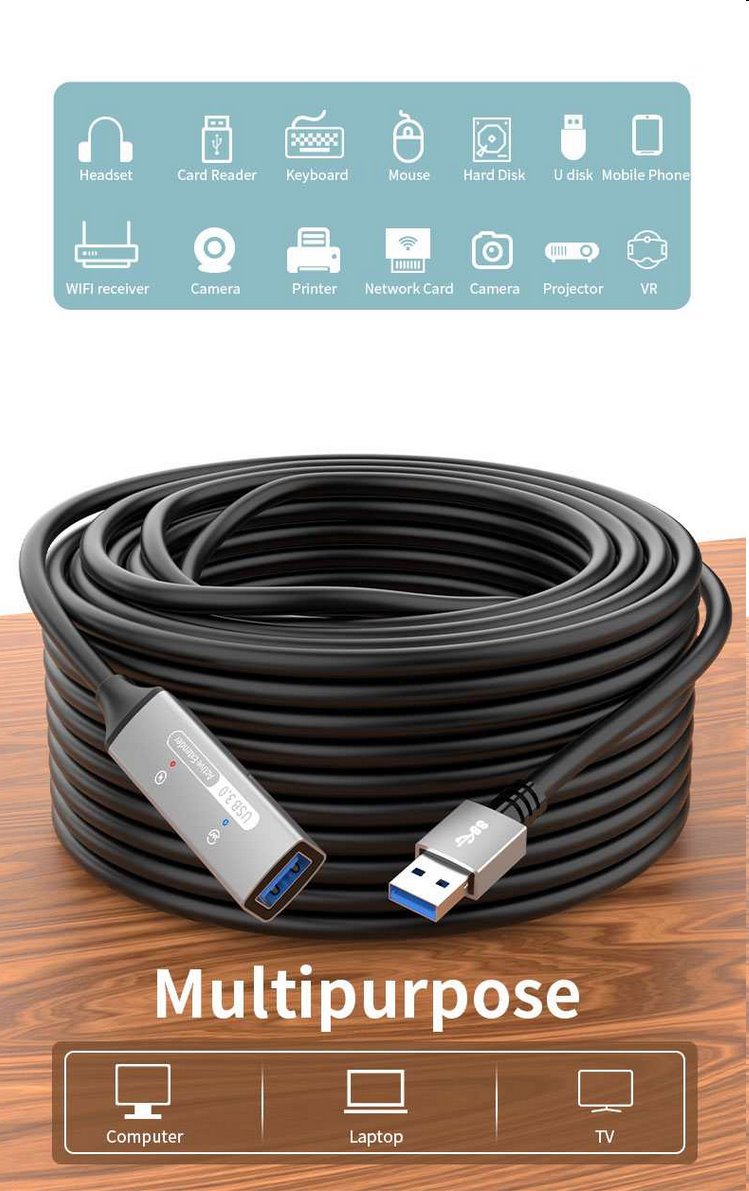 PremiumCord USB 3.2 repeater a predlžovací kábel Male-Female, 5Gbps Aluminium 10m 
