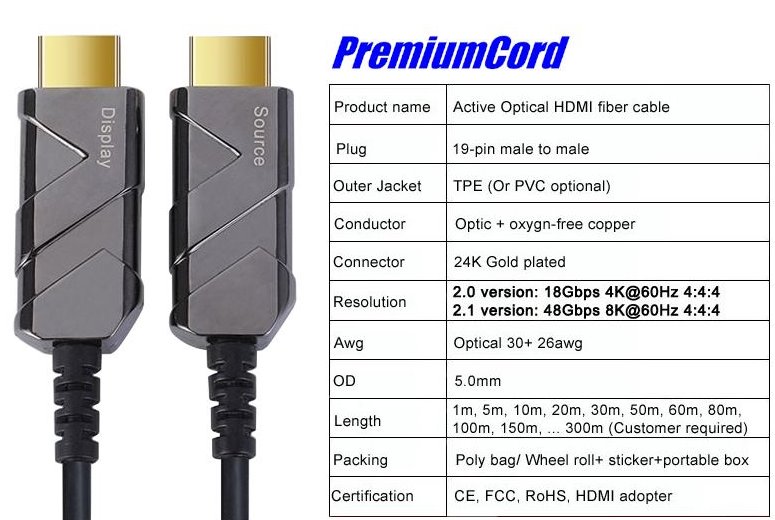 PremiumCord Ultra High Speed HDMI 2.1 optický fiber kabel 8K@60Hz, pozlátený 5m 