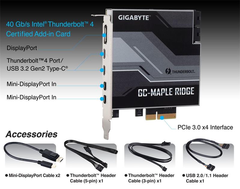 Gigabyte Intel Dual Thunderbolt 4 / DisplayPort 1.4 card (40 Gb/s, PD3.0 up to 97W) 