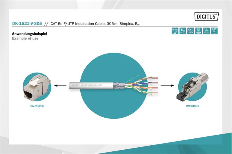 DIGITUS kábel Cat5e F/UTP, drôt, 100MHz Eca (PVC), AWG 24/1, 305m box, šedý 