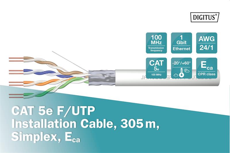 DIGITUS kábel Cat5e F/UTP, drôt, 100MHz Eca (PVC), AWG 24/1, 305m box, šedý 