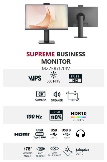 Thomson M27FB7C14V - 27" FHD, IPS, 100Hz, 5ms, 300cd, 1300:1, USB-C (65W), HDMI, VGA, repro, kamera, 3Yr 