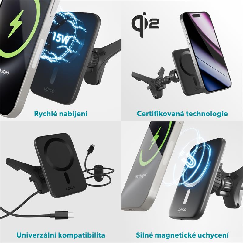 iStores by Epico Qi2 Mag+ Ultrathin Car Charger Wireless Charging 15W - čierna 