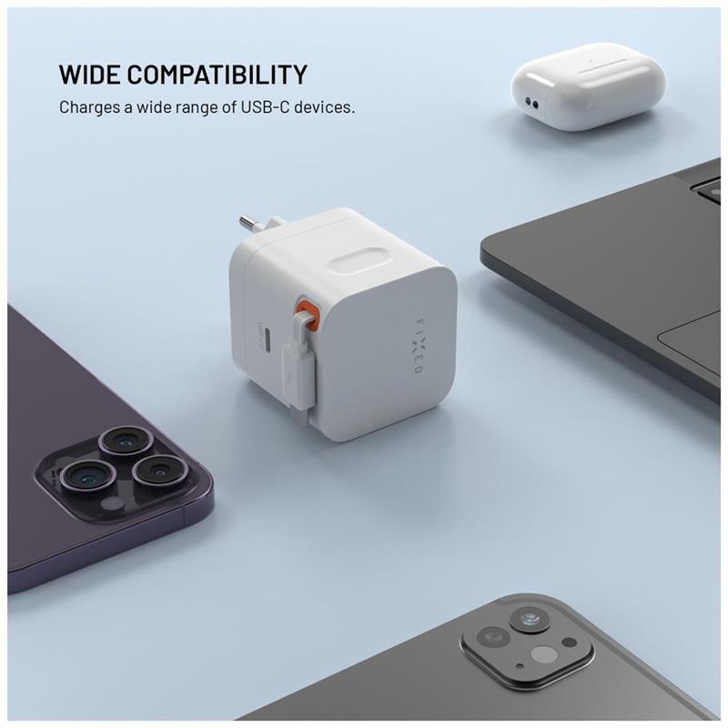 FIXED Sieťová GaNnabíjačka s 2xUSB-C výstupom PD 3.0, so samonavýjacím káblom, 65W, biela 