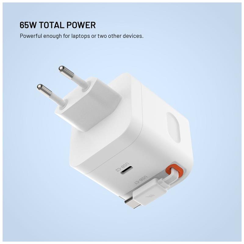 FIXED Sieťová GaNnabíjačka s 2xUSB-C výstupom PD 3.0, so samonavýjacím káblom, 65W, biela 