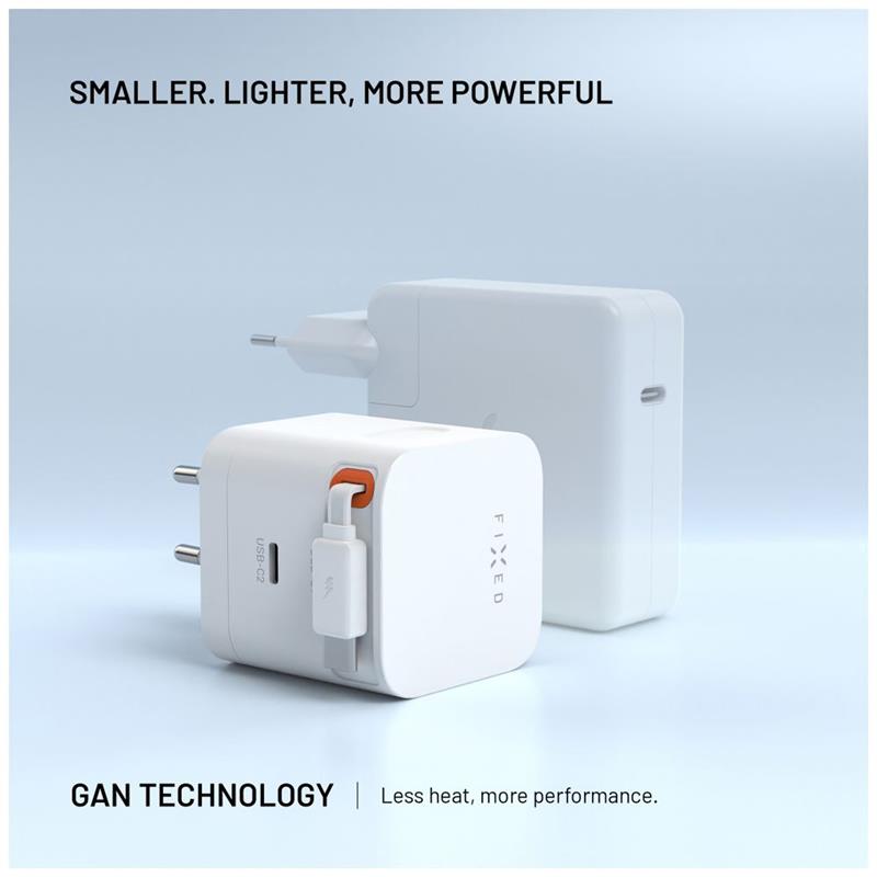 FIXED Sieťová GaNnabíjačka s 2xUSB-C výstupom PD 3.0, so samonavýjacím káblom, 65W, biela 