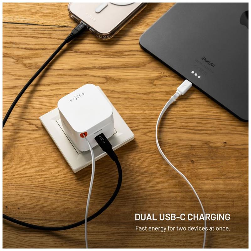 FIXED Sieťová GaNnabíjačka s 2xUSB-C výstupom PD 3.0, so samonavýjacím káblom, 65W, biela 