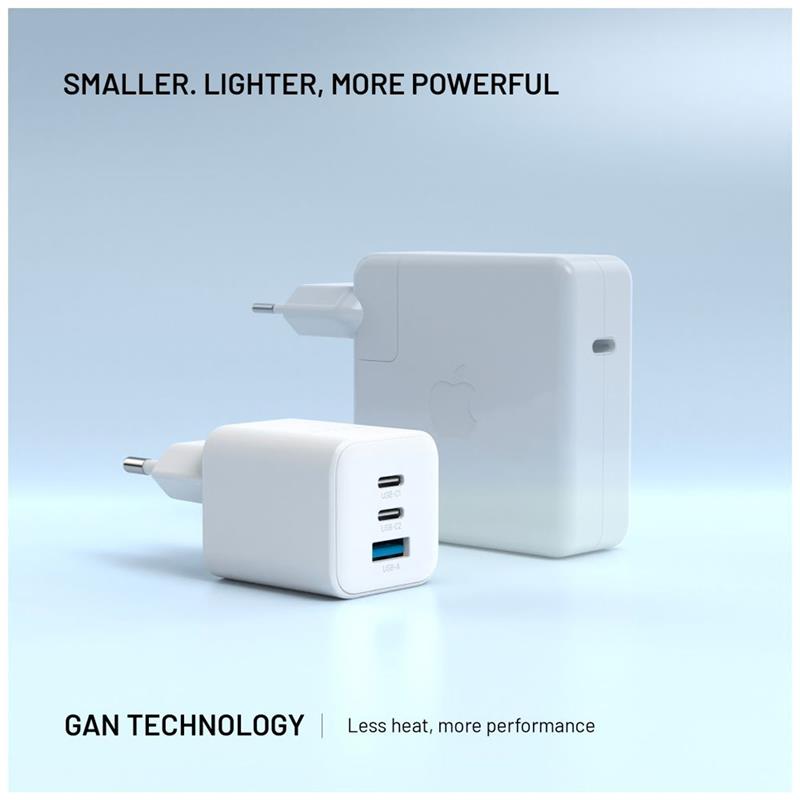 FIXED GaN Mini Sieťová nabíjačka s 2xUSB-C a USB výstupom a podporou PD, 65W, biela 