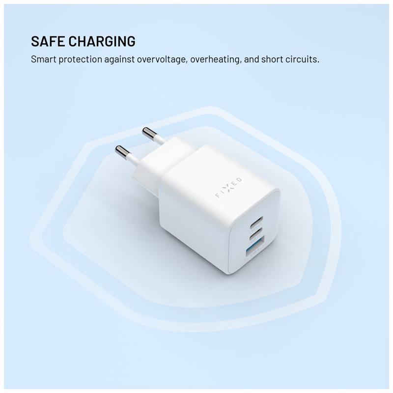 FIXED GaN Mini Sieťová nabíjačka s 2xUSB-C a USB výstupom a podporou PD, 65W, biela 