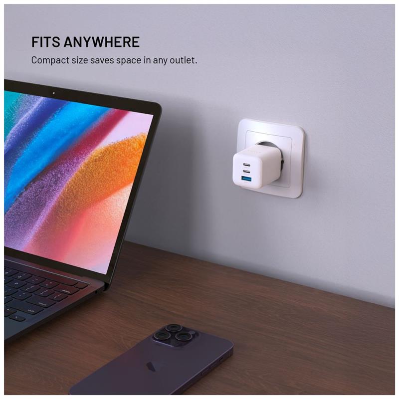 FIXED GaN Mini Sieťová nabíjačka s 2xUSB-C a USB výstupom a podporou PD, 65W, biela 