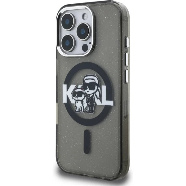Karl Lagerfeld IML Glitter Karl and Choupette Sketch MagSafe kryt iPhone 16 Pro čierny 