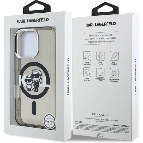 Karl Lagerfeld IML Glitter Karl and Choupette Sketch MagSafe kryt iPhone 16 Pro čierny 