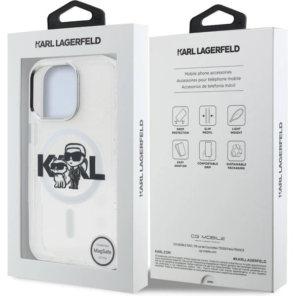 Karl Lagerfeld IML Glitter Karl and Choupette Sketch MagSafe kryt iPhone 15 Pro Max priehľadný 