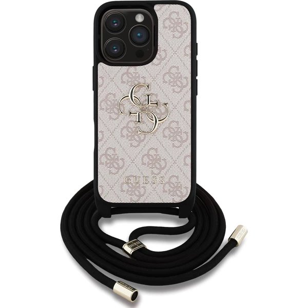 Guess PU 4G Metal Logo Crossbody Popruh kryt iPhone 16 Pro Max ružový 