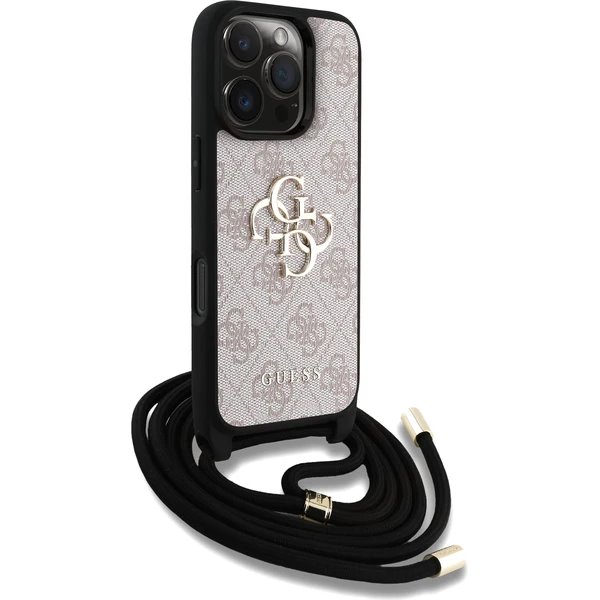 Guess PU 4G Metal Logo Crossbody Popruh kryt iPhone 16 Pro Max ružový 