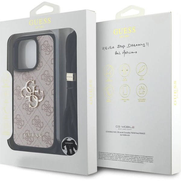 Guess PU 4G Metal Logo Crossbody Popruh kryt iPhone 16 Pro Max ružový 