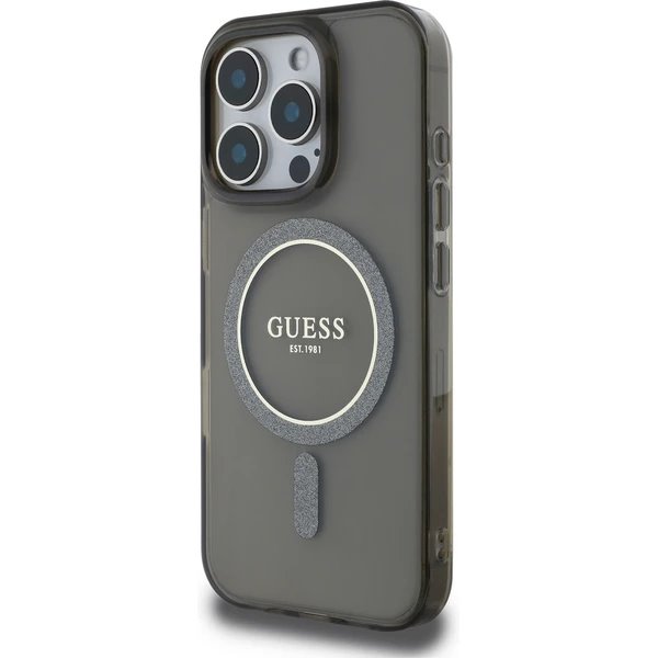 Guess IML Glitter Ring MagSafe kryt iPhone 16 Pro čierny 