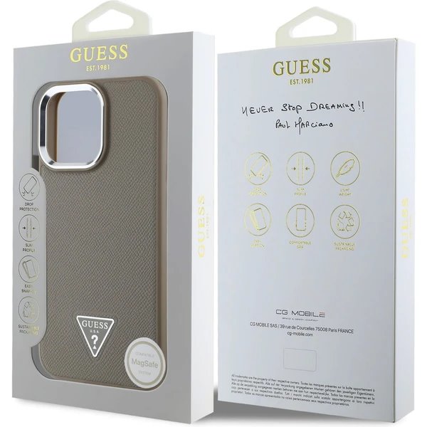 Guess PU Grained Triangle Logo MagSafe kryt iPhone 16 Pro Max hnedý 