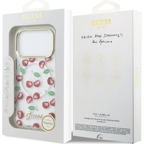 Guess IML Glitter Cherry MagSafe kryt iPhone 17 Pro biely 