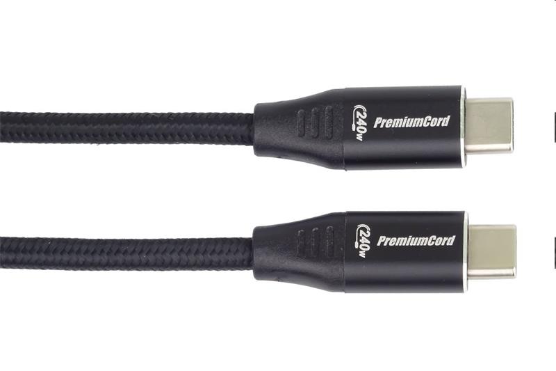 PremiumCord Kábel USB-C M/M, 5A, 240W 480Mbps cierny bavlnený oplet, 1,5m 