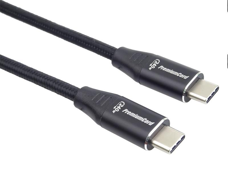 PremiumCord Kábel USB-C M/M, 5A, 240W 480Mbps cierny bavlnený oplet, 1,5m 