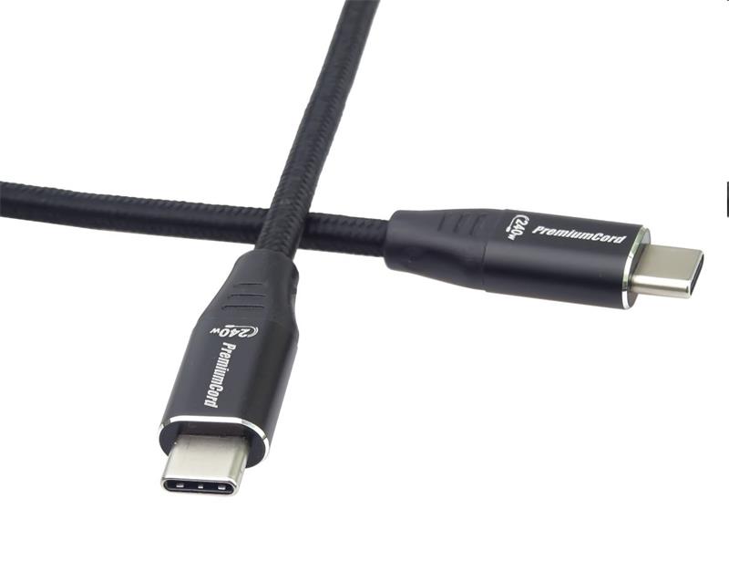 PremiumCord Kábel USB-C M/M, 5A, 240W 480Mbps cierny bavlnený oplet, 1,5m 