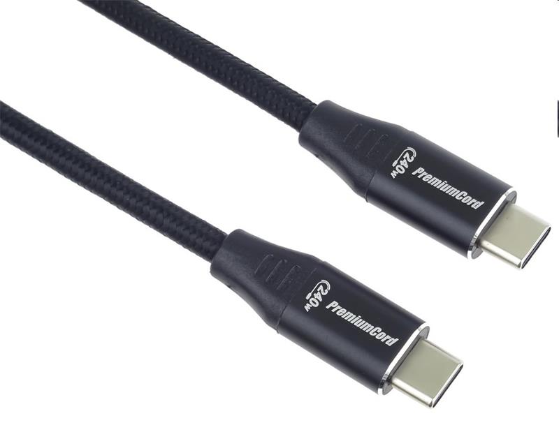 PremiumCord Kábel USB-C M/M, 5A, 240W 480Mbps cierny bavlnený oplet, 1,5m 