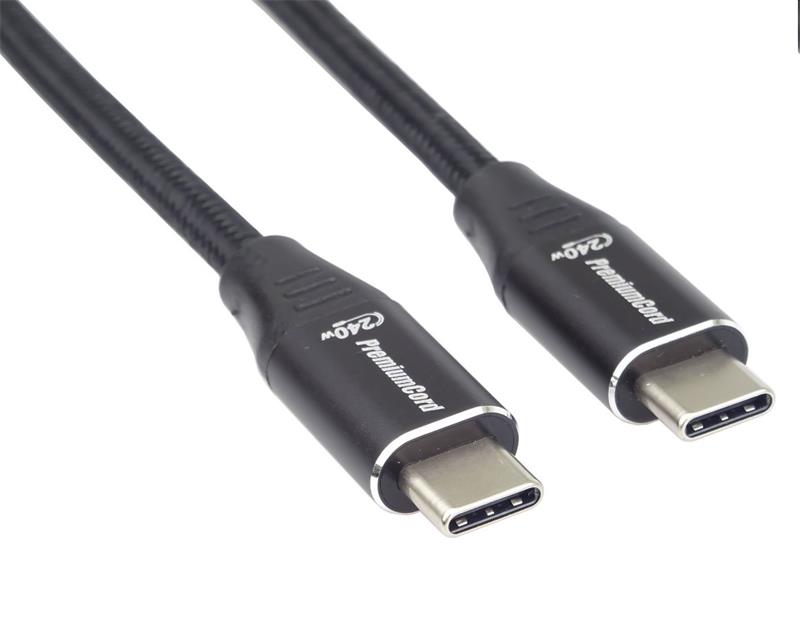 PremiumCord Kábel USB-C M/M, 5A, 240W 480Mbps cierny bavlnený oplet, 2m 