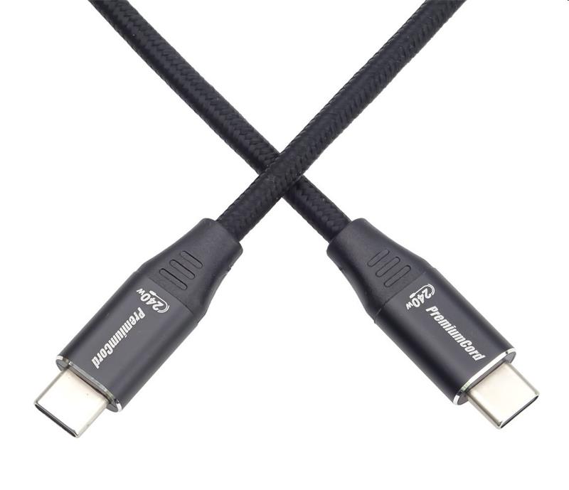 PremiumCord Kábel USB-C M/M, 5A, 240W 480Mbps cierny bavlnený oplet, 2m 