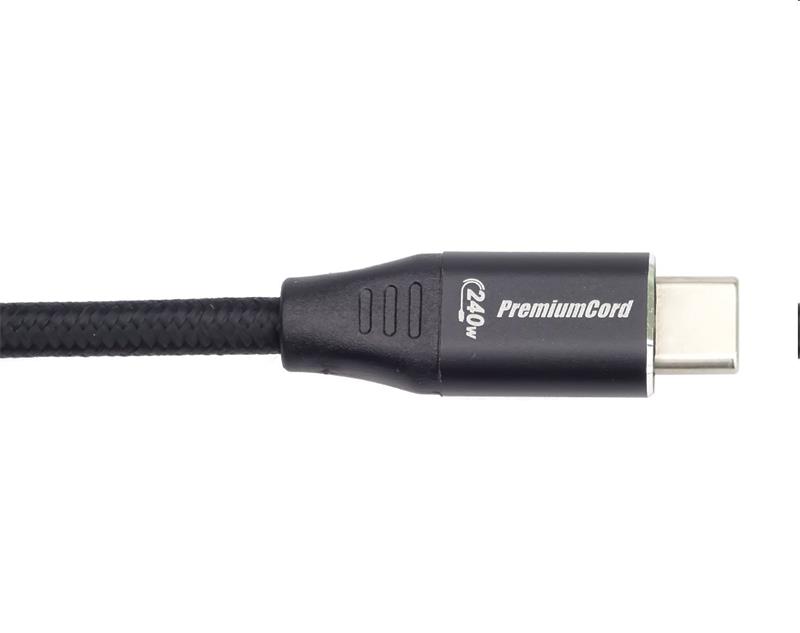 PremiumCord Kábel USB-C M/M, 5A, 240W 480Mbps cierny bavlnený oplet, 2m 