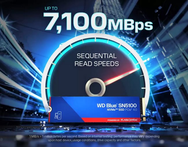 WD Blue SN5100 SSD Powered by SanDisk 2TB M.2 NVMe Gen4 7100/6700MBps 