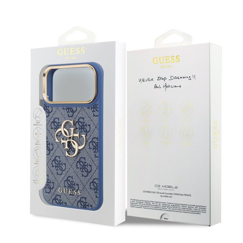 Guess PU Leather 4G Metal Logo Gold Frame kryt iPhone 18 Pro Max modrý 