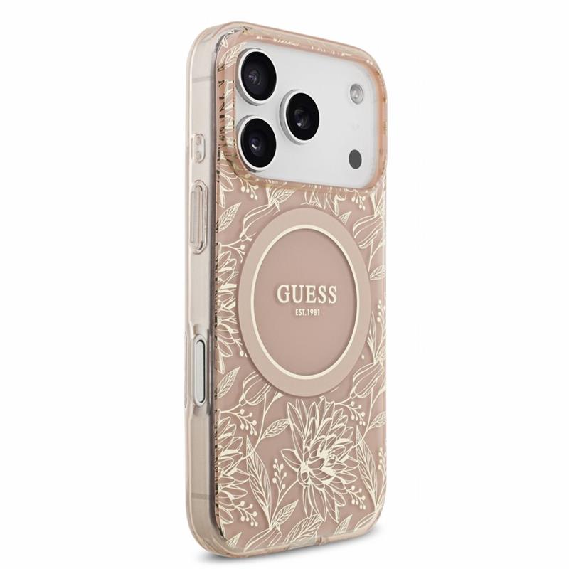 Guess IML Flowers Allover Strap MagSafe kryt iPhone 18 Pro Max ružový 