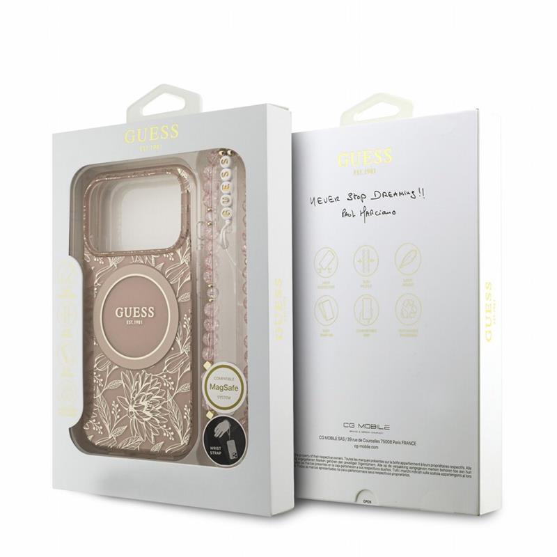 Guess IML Flowers Allover Strap MagSafe kryt iPhone 18 Pro Max ružový 